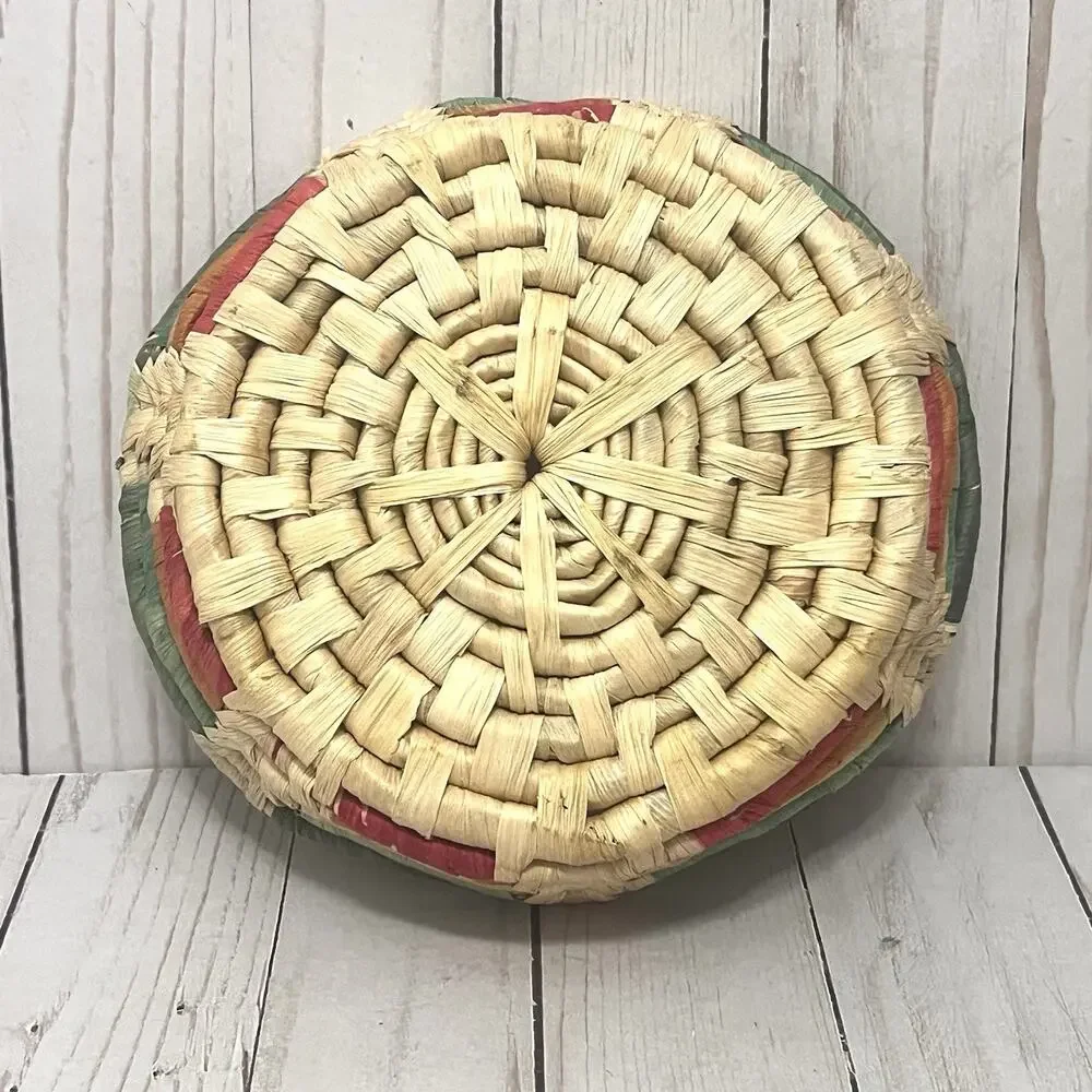 Vintage Handwoven Boho Colorful Straw Corn Husk Basket Rustic Farmhouse Decor